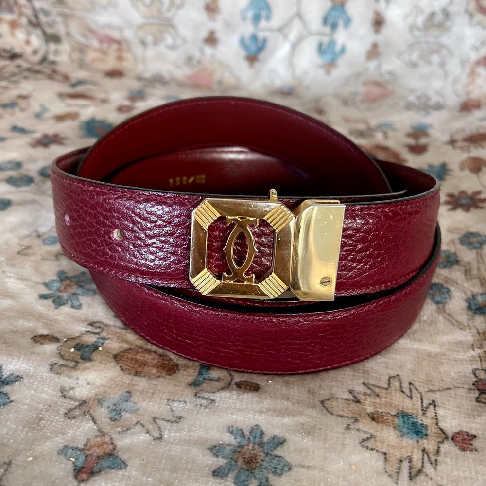 Cartier Must de Cartier Burgundy Leather Belt with Gold Buckle
